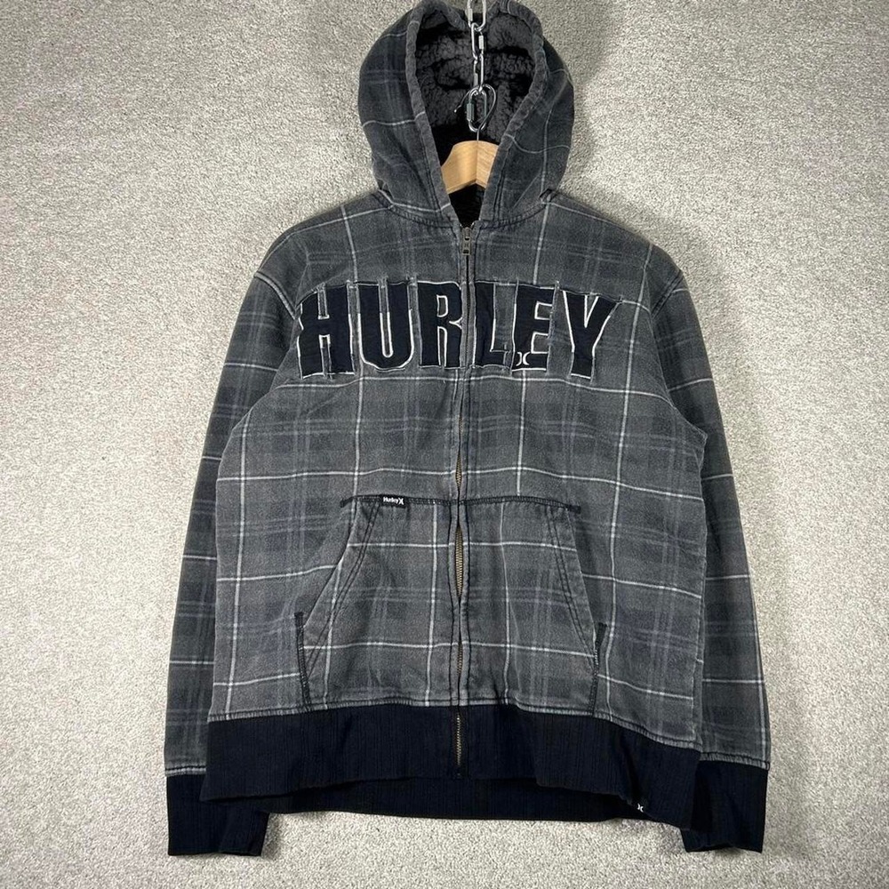 Y2K Hurley grunge plaid fleece lined zip up distressed surf hoodie kids XL Men S